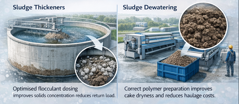 Example of Polymer Applications in Water Treatment (Sludge Thickeners & Dewatering) Example of Polymer Applications in Water Treatment (Sludge Thickeners & Dewatering)